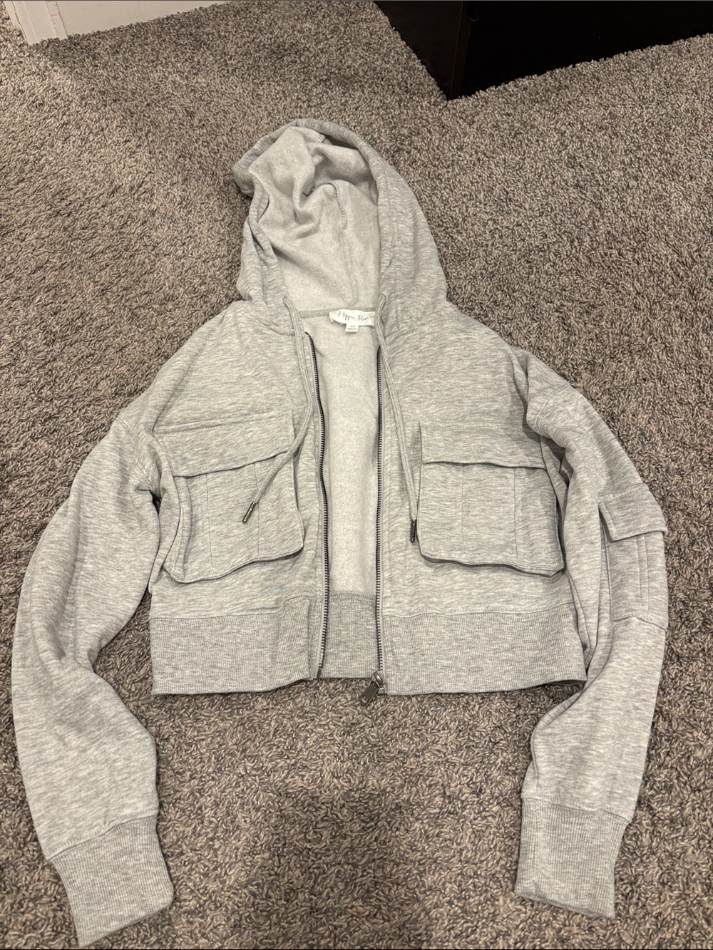 Hippie Rose Heather Gray Cropped Zip Hoodie with Flap Pockets
